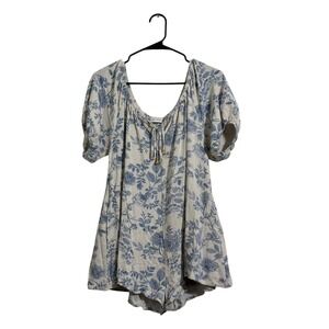 Neutral Ground Floral Linen Blend Romper Blue White Puff Sleeve Size Small